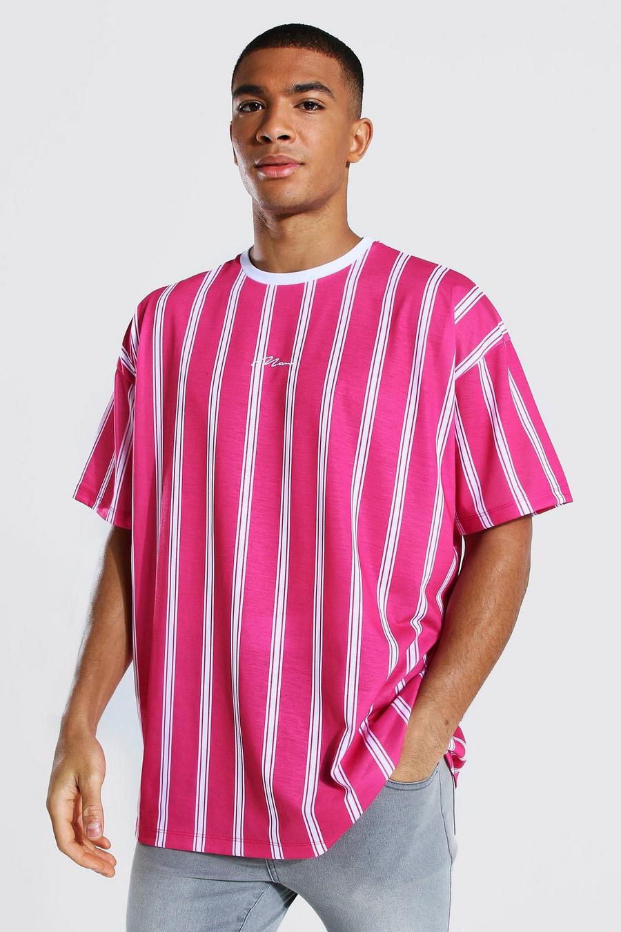 T-shirt oversize a righe con firma Man, Rosa image number 1