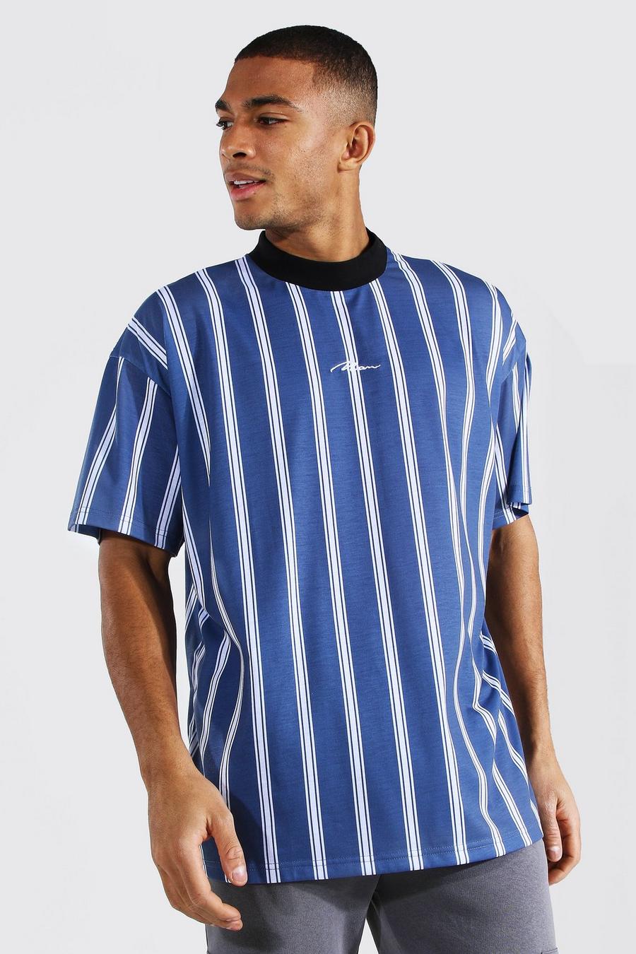 Blue Oversized Man Extended Neck Stripe T-shirt image number 1