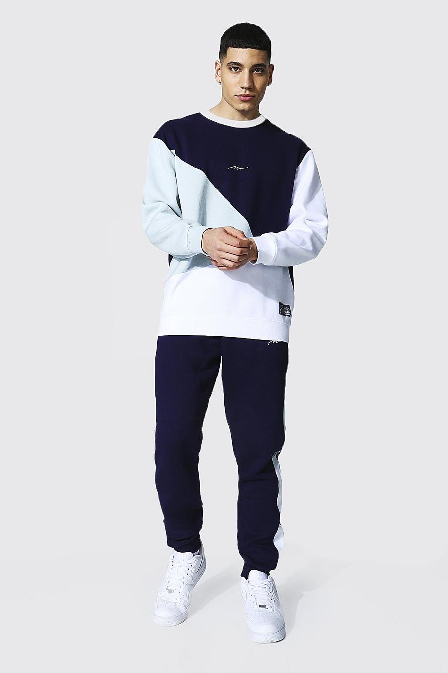 Grey Loose Fit Man Colour Block Sweater Tracksuit image number 1