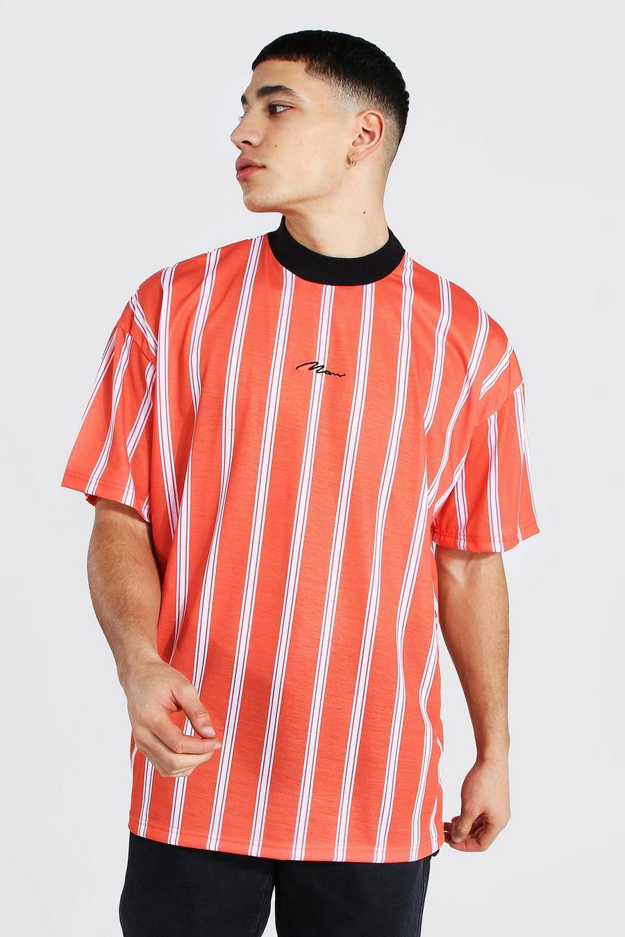 Orange Oversized Man Extended Neck Stripe T-shirt image number 1