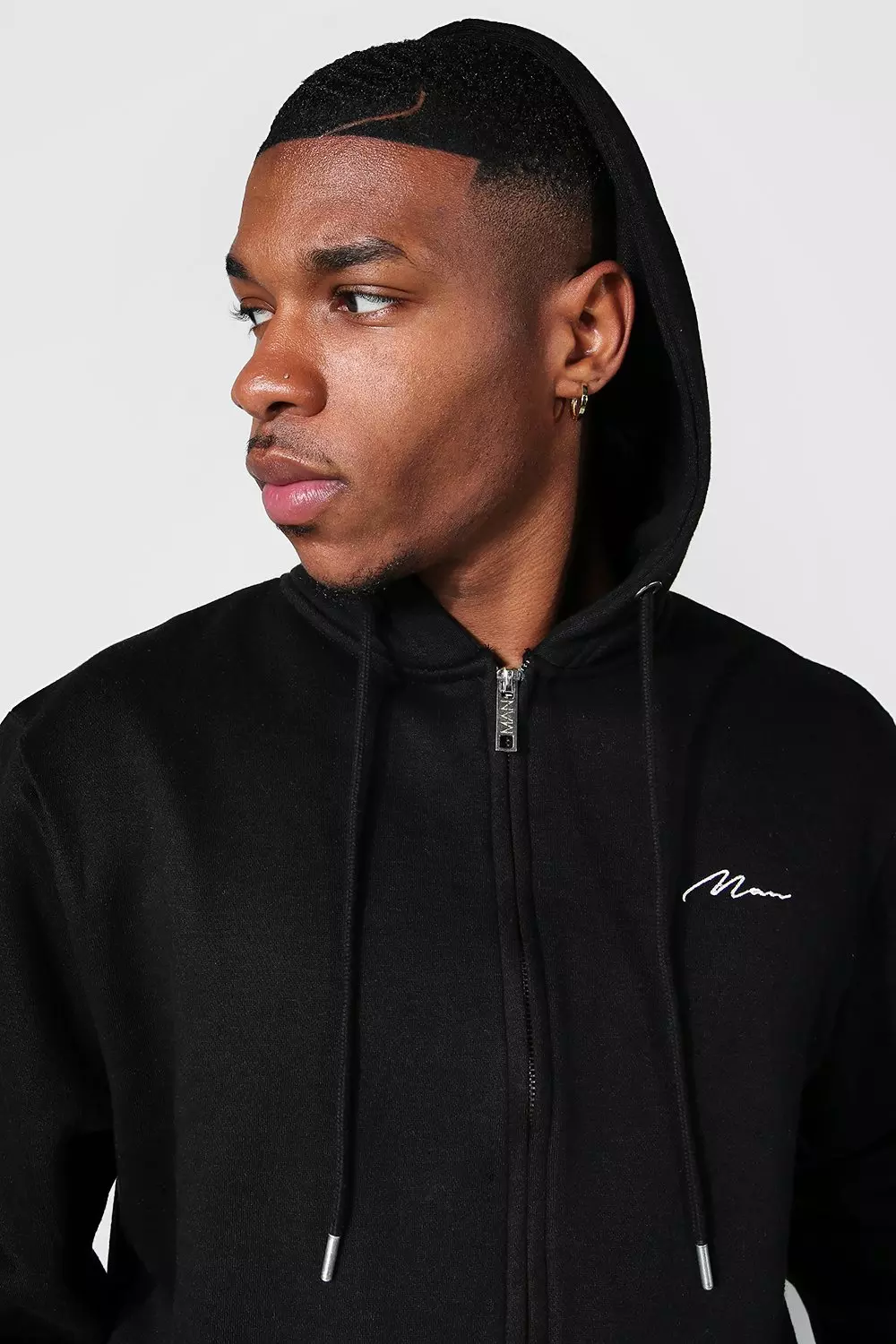 Boohooman hoodie with store man embroidery in black