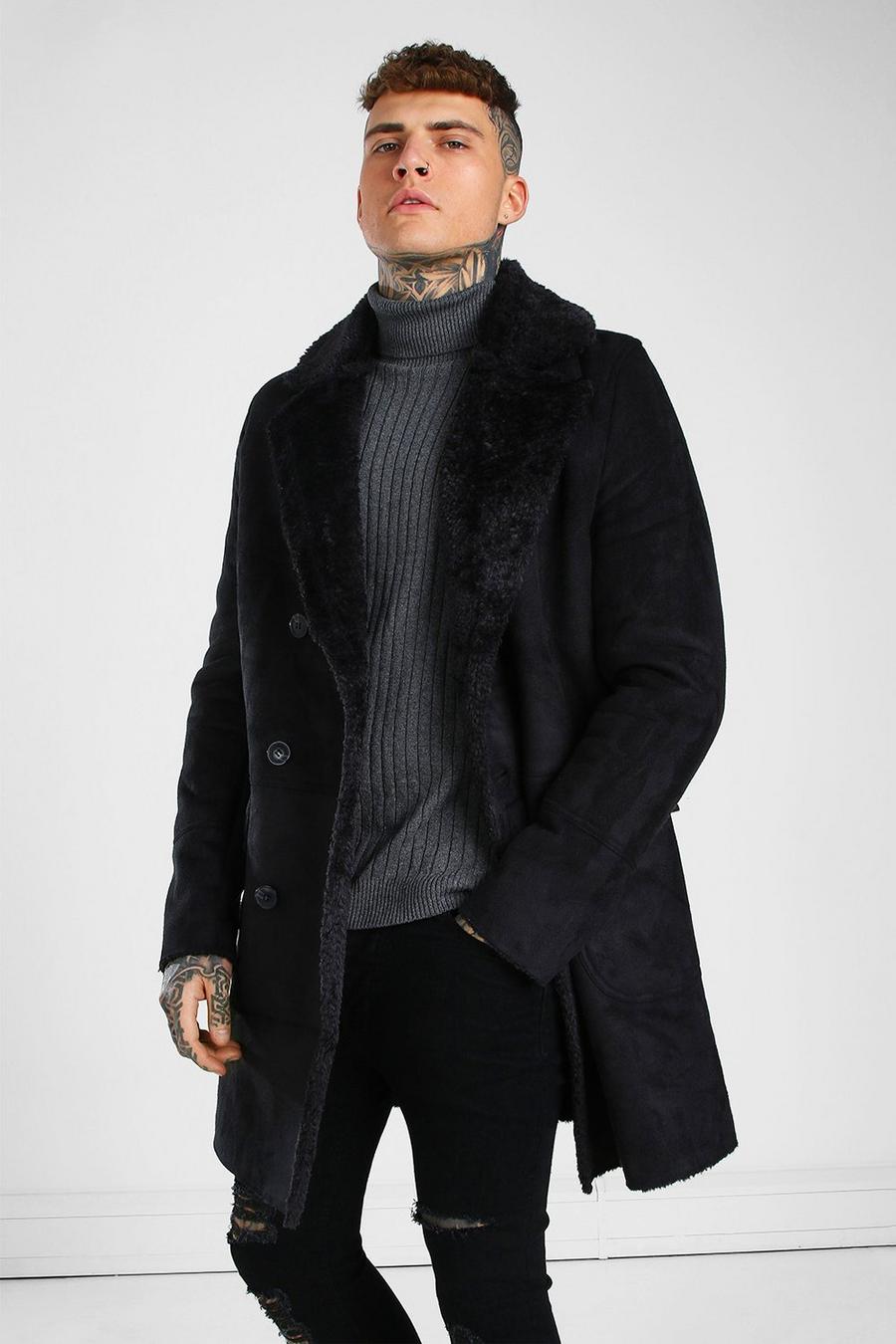 Zweireihiger Longline-Mantel aus Fake-Fur, Schwarz image number 1