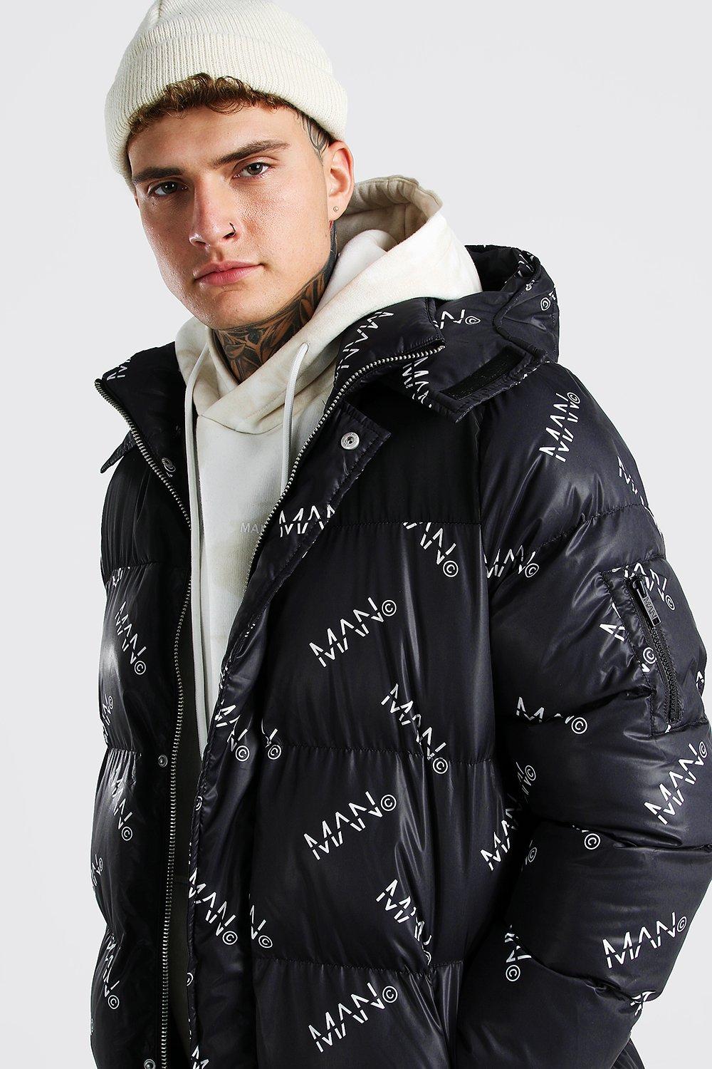 Man Branded All Over Longline Puffer Jacket boohoo NO