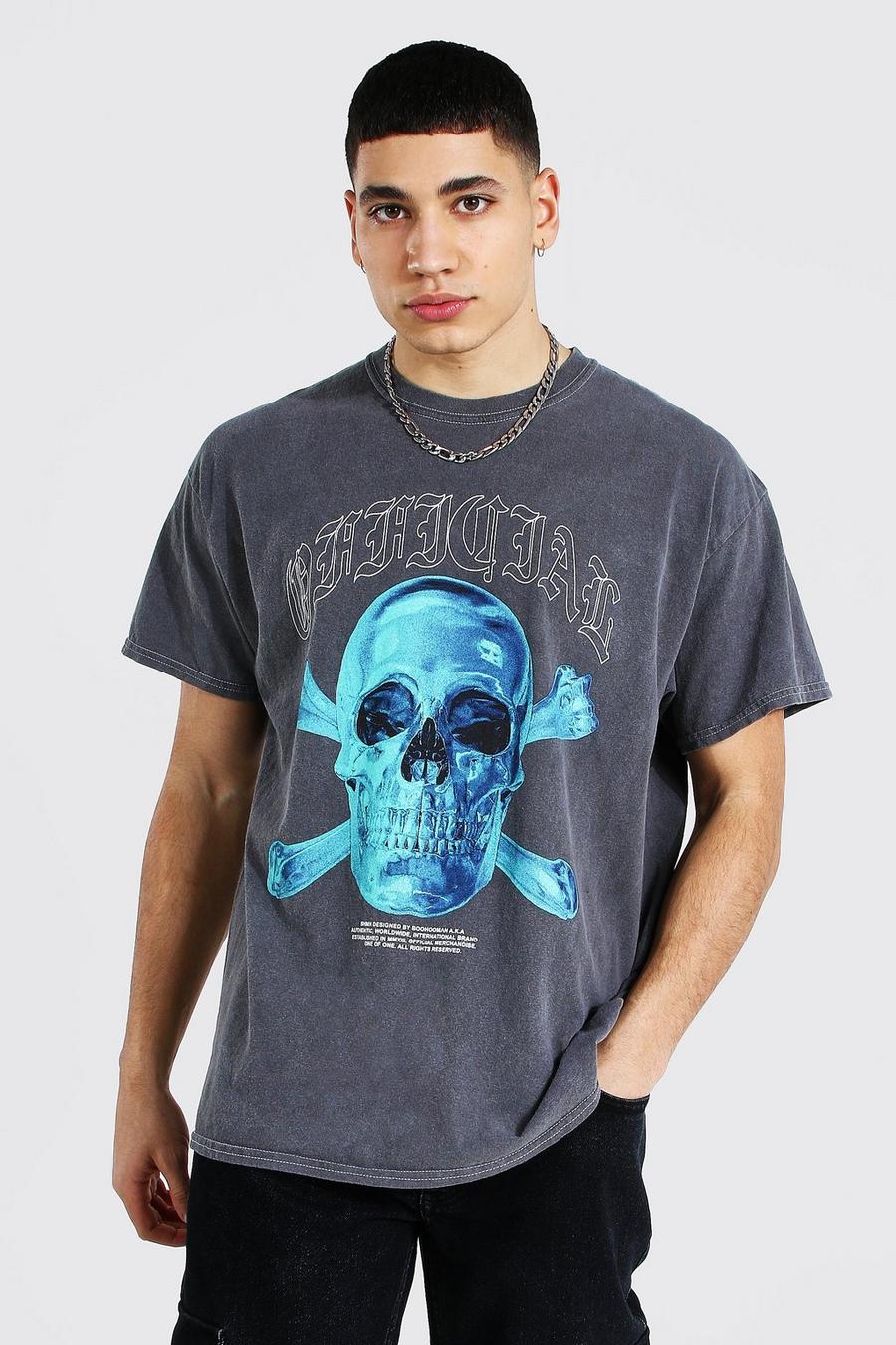 T-shirt oversize surteint imprimé tête de mort, Charcoal image number 1