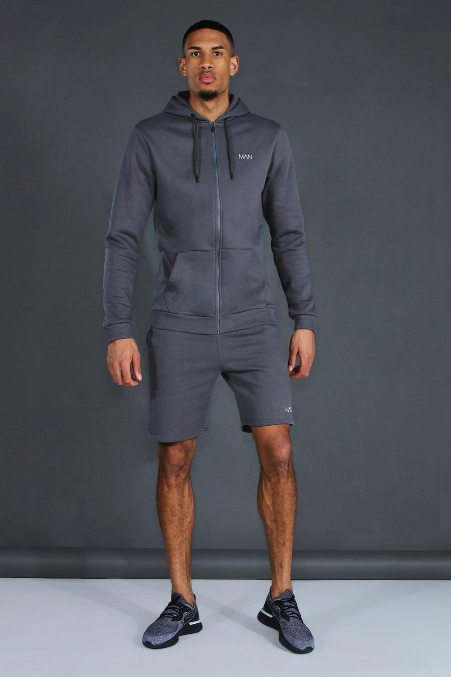 Charcoal grå Tall Active Zip Through Hoodie And Short Set image number 1
