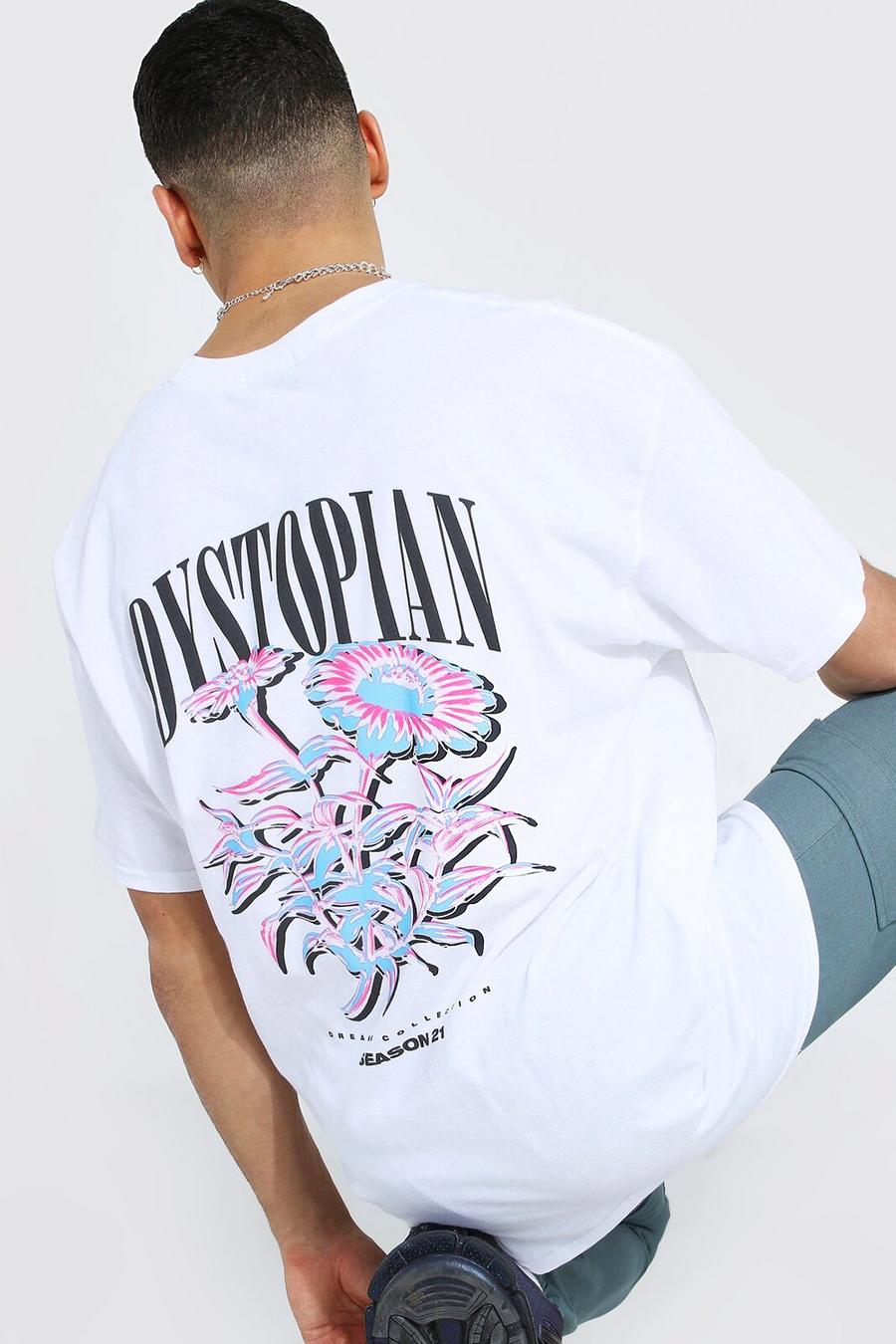White Oversized Dystopian Floral Back Graphic T-Shirt image number 1