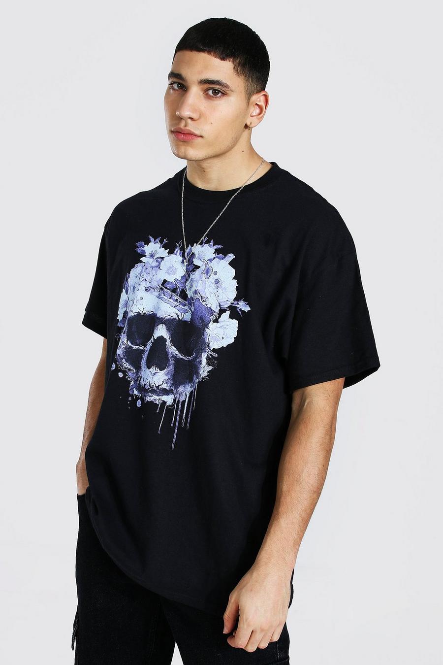 T-Shirt in Übergröße mit Blumenmuster und Totenkopf-Grafik, Schwarz image number 1