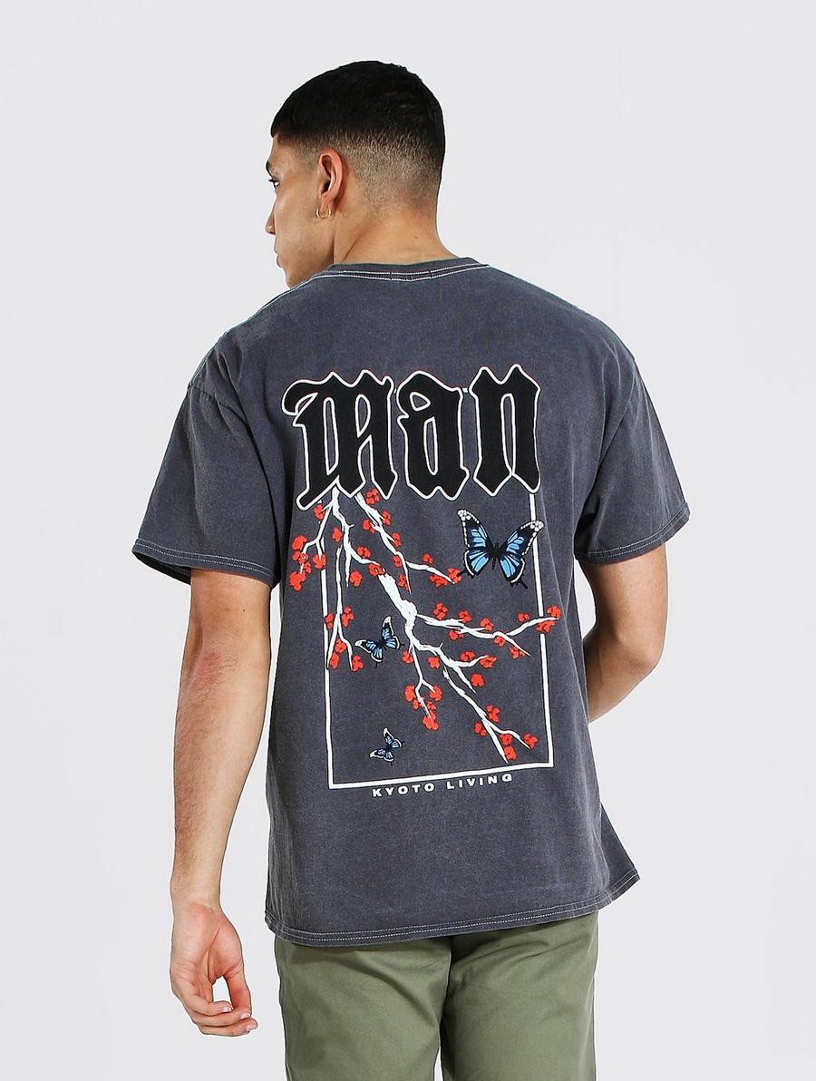 MAN T-Shirt in Übergröße mit Print hinten und Überfärbung, Schwarz image number 1