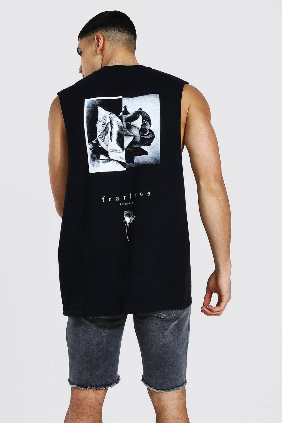 Camiseta ancha con estampado de flores Fearless en la espalda, Negro image number 1