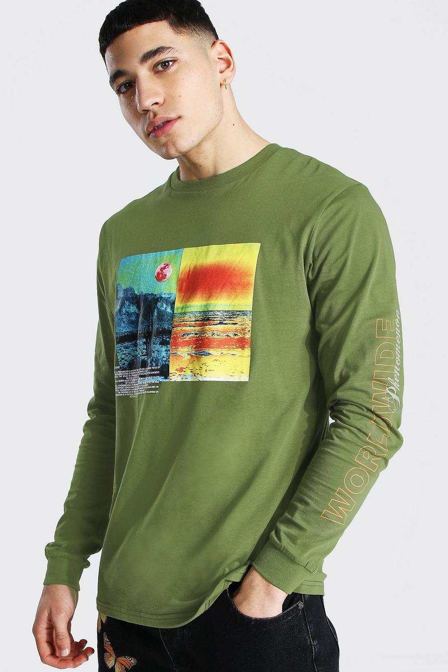 Khaki Långärmad t-shirt med grafiskt tryck image number 1