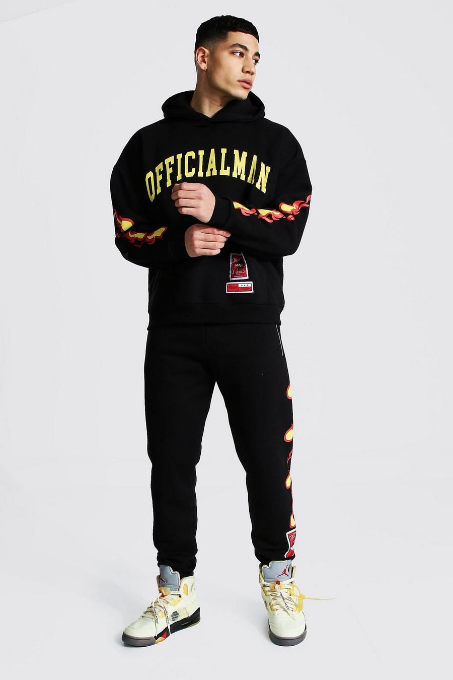 Black Official Man Hooded Tracksuit With Fire Print image number 1