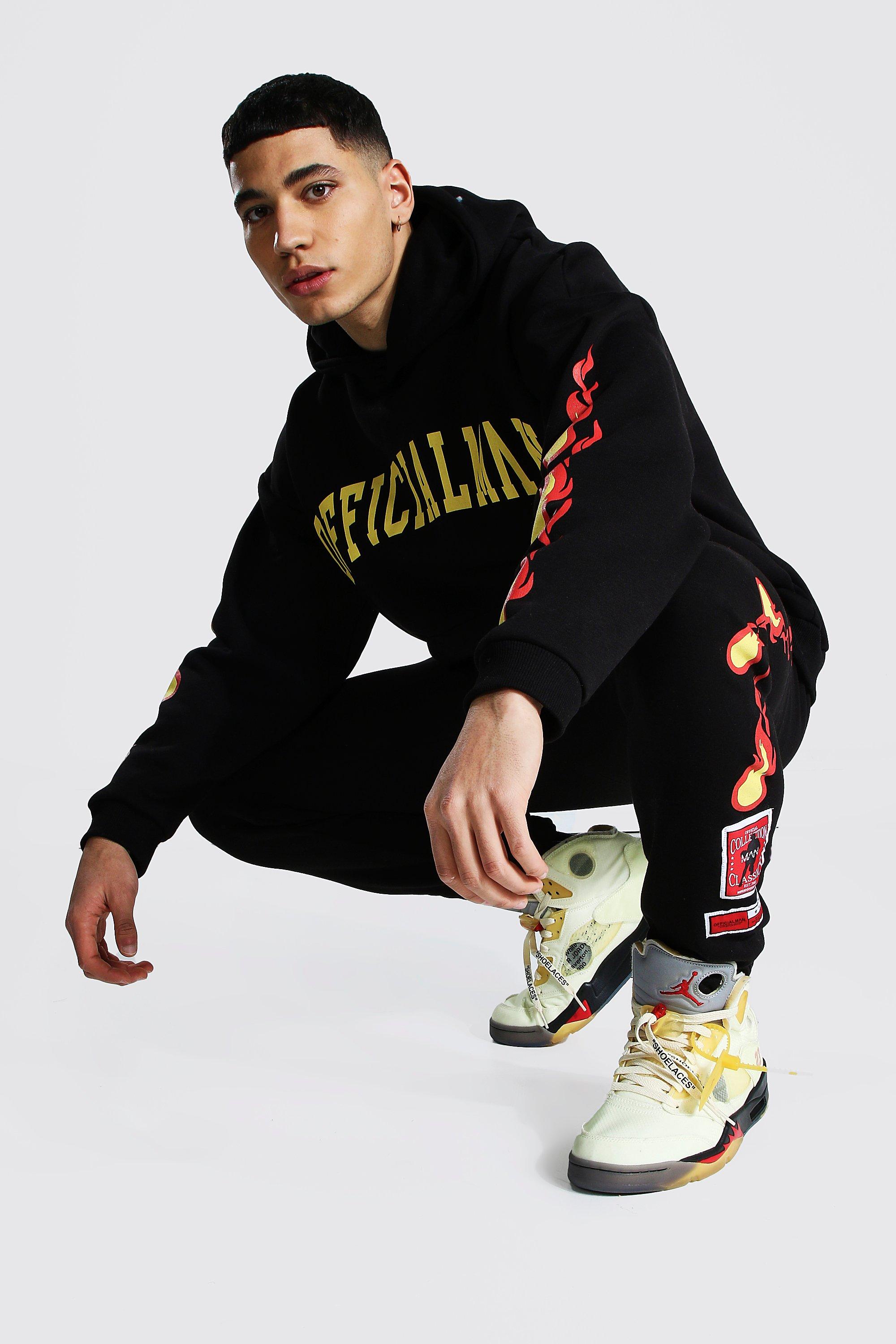 Off white fire print on sale hoodie