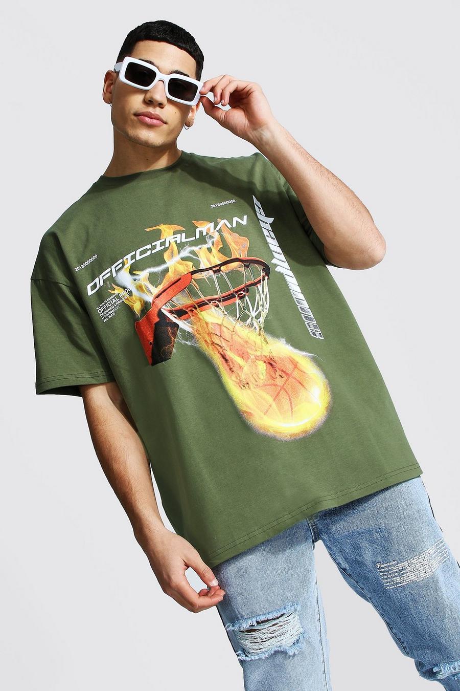 Khaki Oversized Basketbal T-Shirt Met Vlammen image number 1