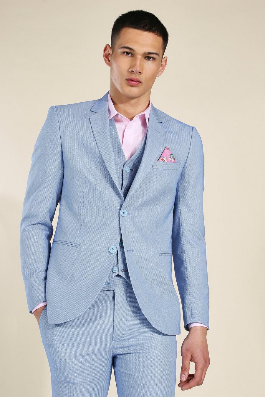 Skinny Blue Textured Single Breasted Jacket image number 1
