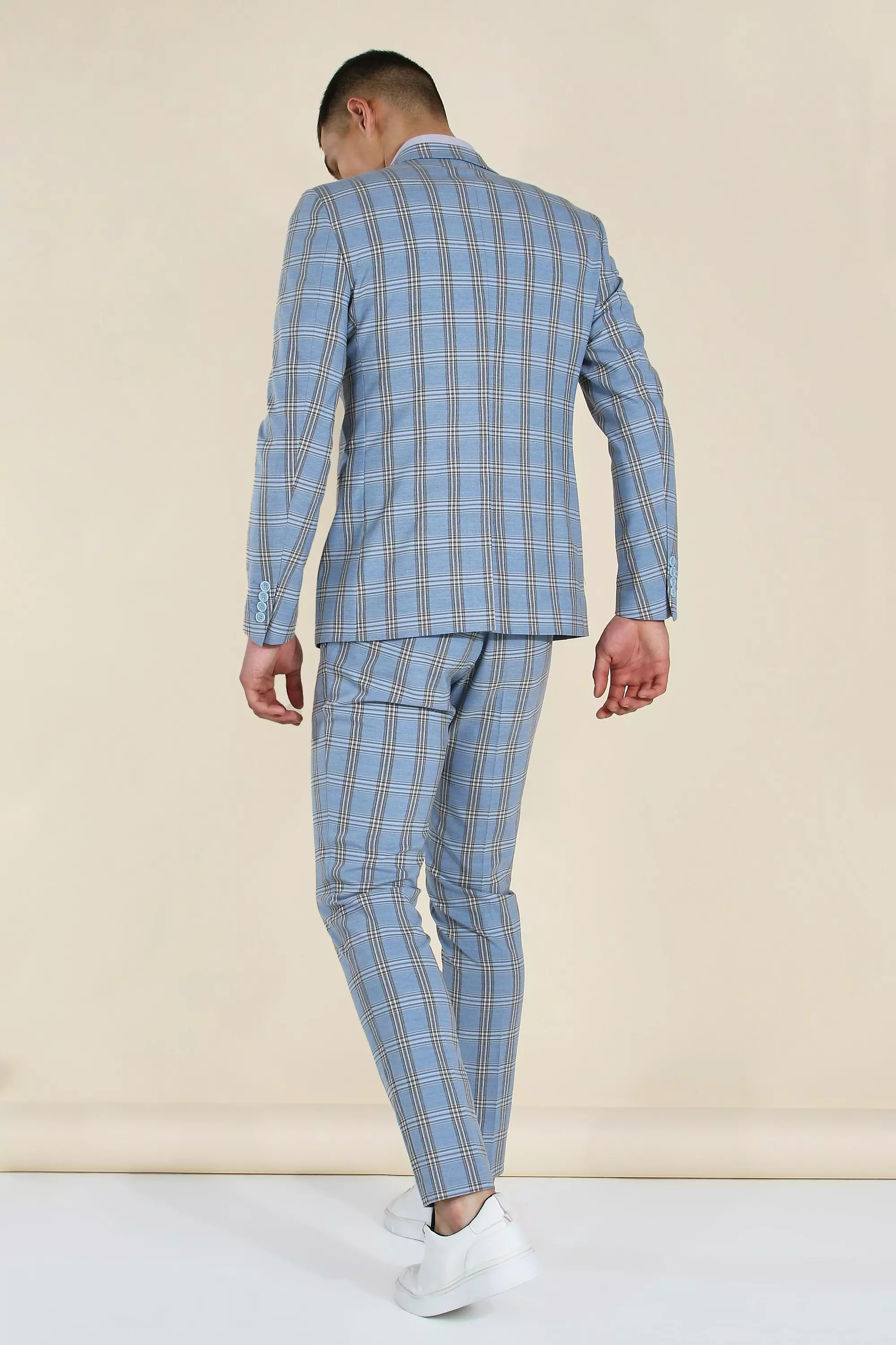 Skinny Blue Check Single Breasted Jacket Boohoo