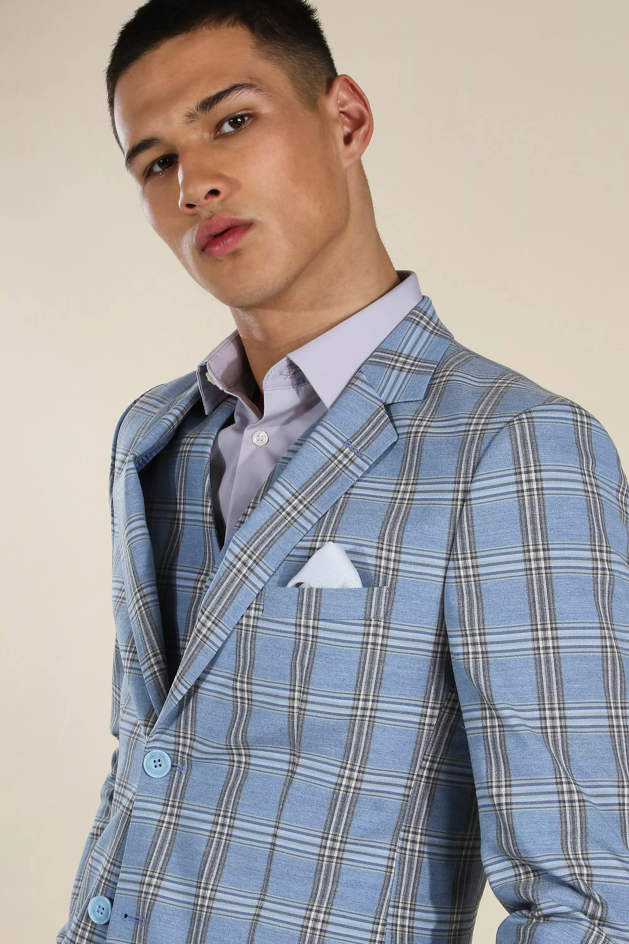 Skinny Blue Check Single Breasted Jacket Boohoo