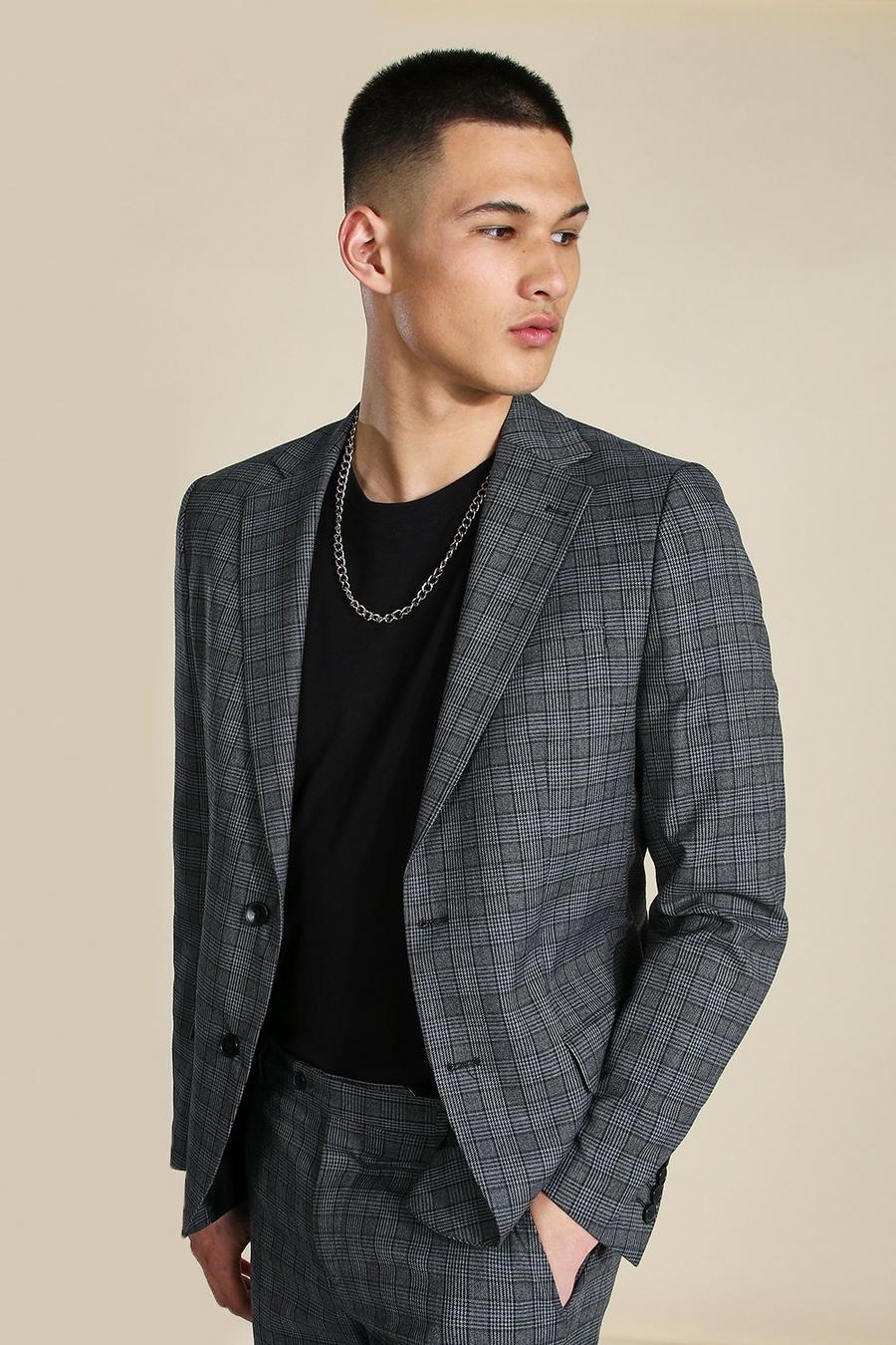 Slim Grey Check Single Breasted Suit Jacket
