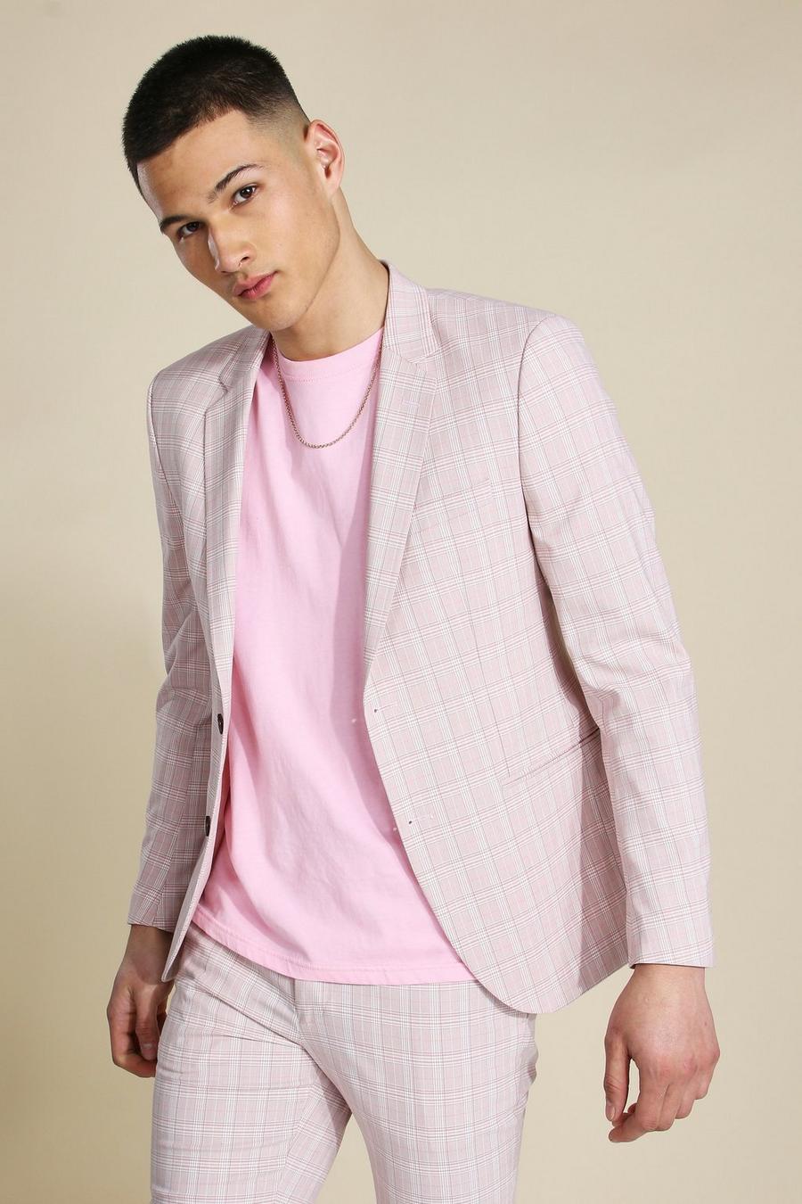 Chaqueta de traje skinny rosa a cuadros con botonadura simple image number 1