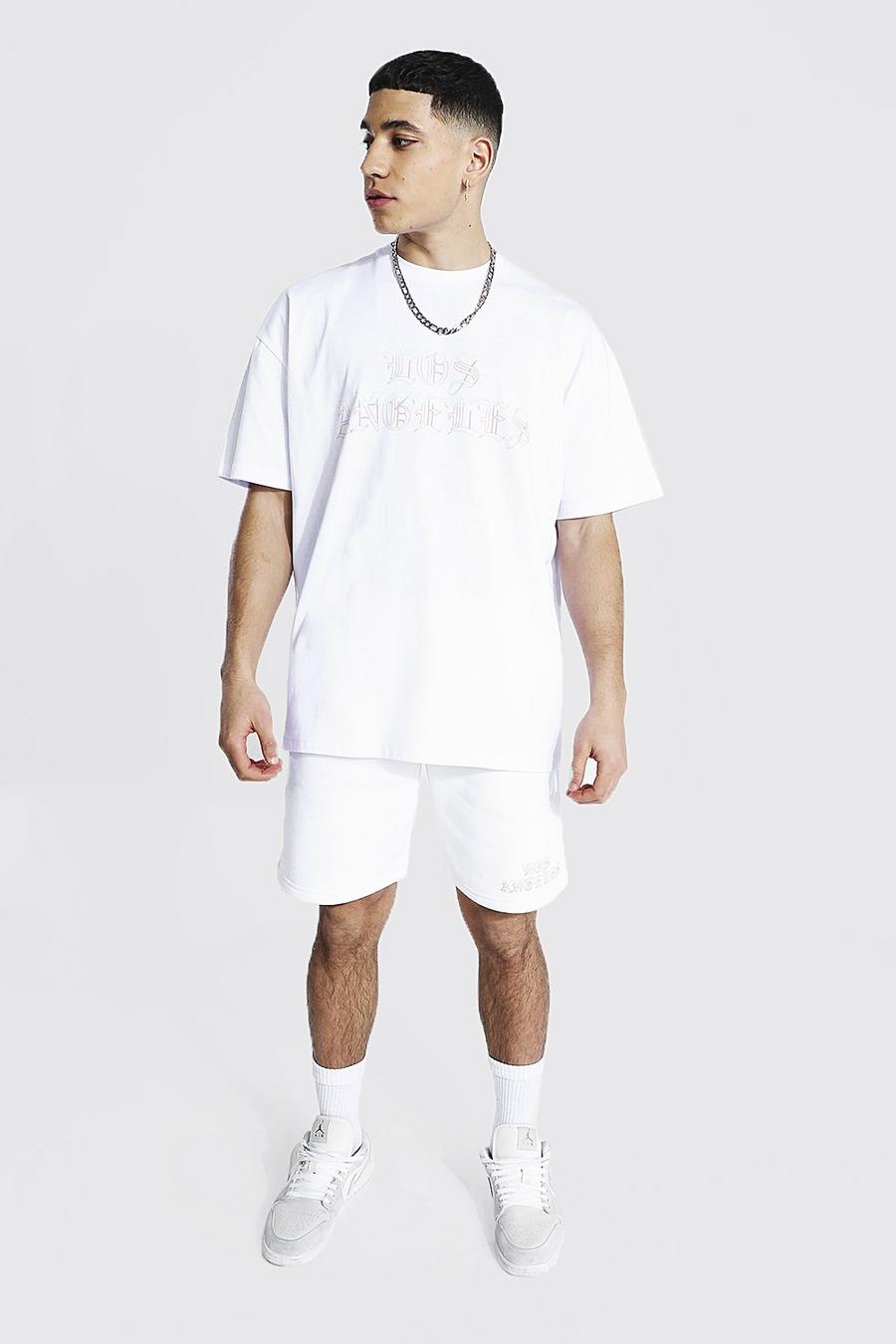 Conjunto de pantalones cortos y camiseta ancha con estampado degradado de LA, Blanco image number 1