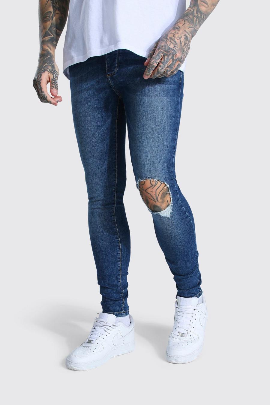 Super Skinny Denim-Jeans mit Washed-Effekt und Rissen, Mittelblau image number 1