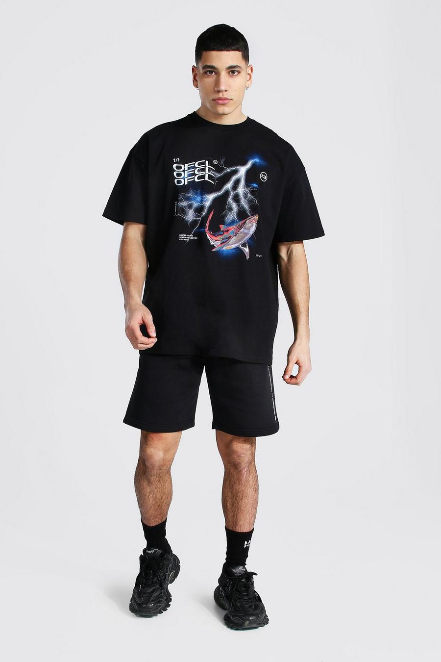 Black Oversized Lightning Print T-shirt & Short Set image number 1