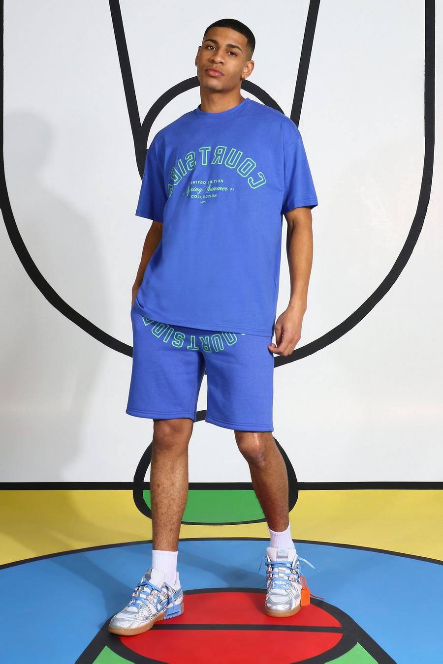 Set in Übergröße aus T-Shirt mit Courtside-Print und Shorts, Blau image number 1