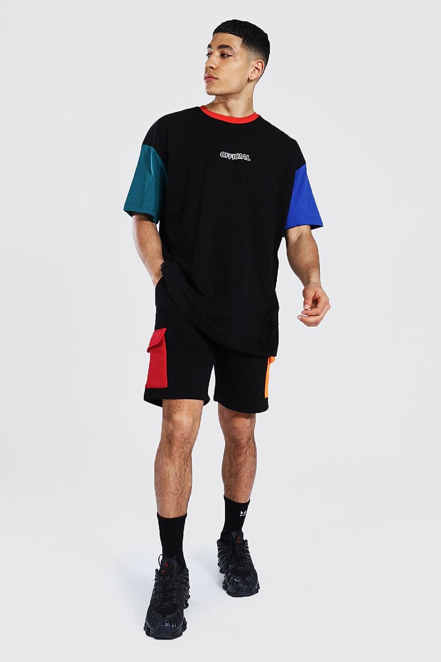 Black Oversize t-shirt och shorts med blockfärger image number 1