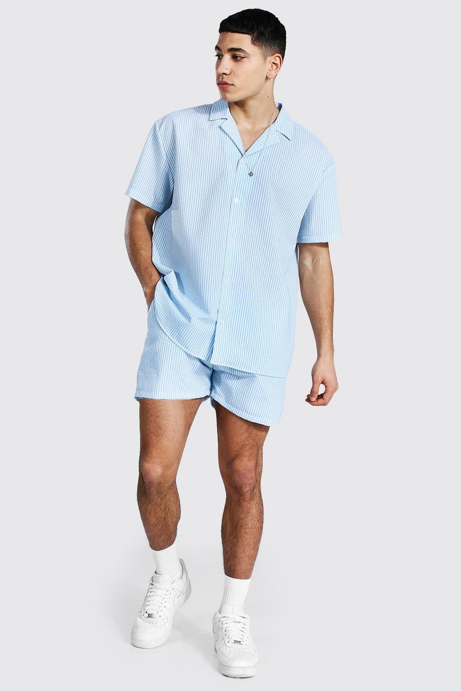 Light blue Randig oversize skjorta och shorts i bäckebölja image number 1