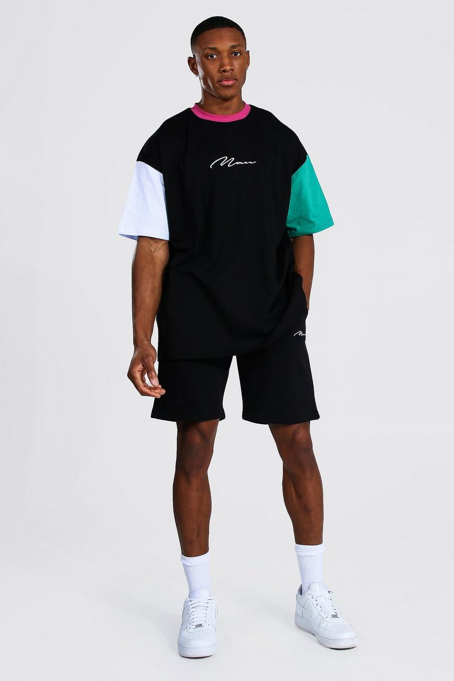 Black MAN Oversize t-shirt och shorts med blockfärger image number 1