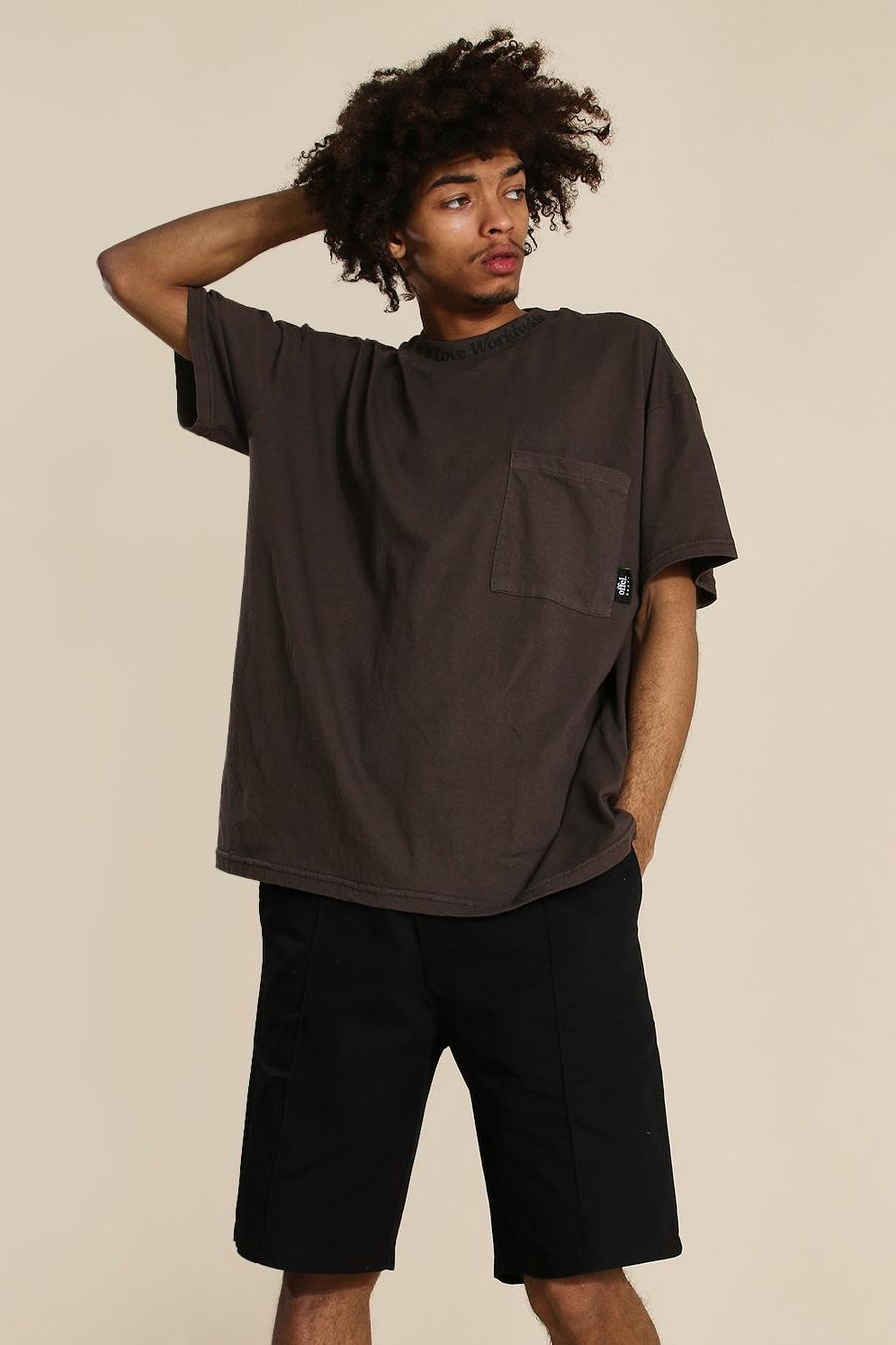 Brown Oversized Worldwide High Neck Washed T-shirt image number 1