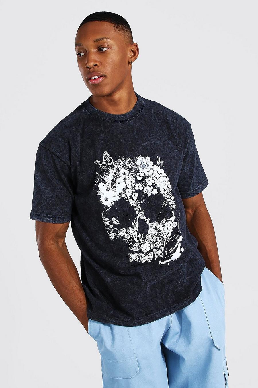 Charcoal Stentvättad t-shirt med dödskalle med ledig passform image number 1