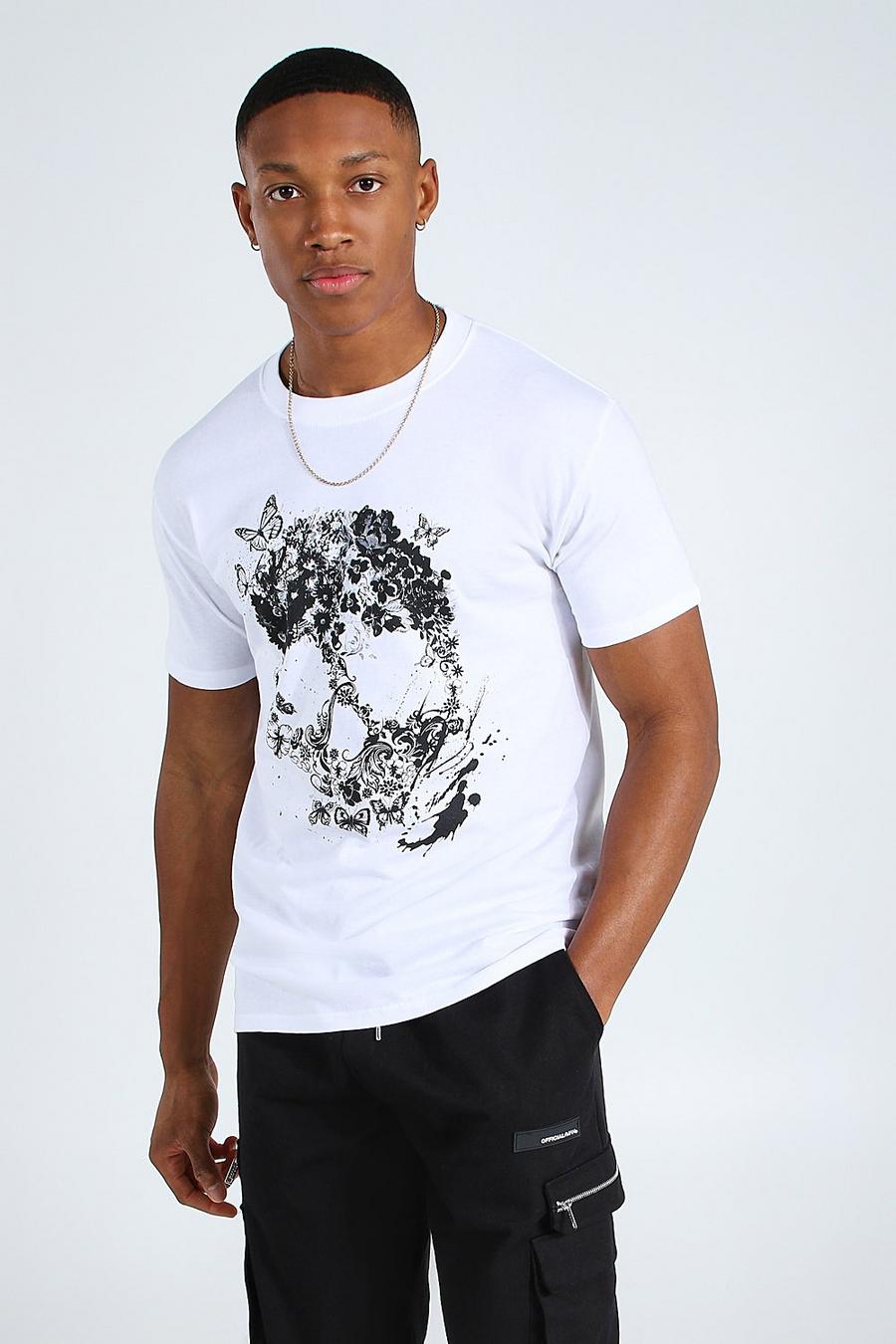White Baggy Met Vlinder Schedel Print T-Shirt image number 1