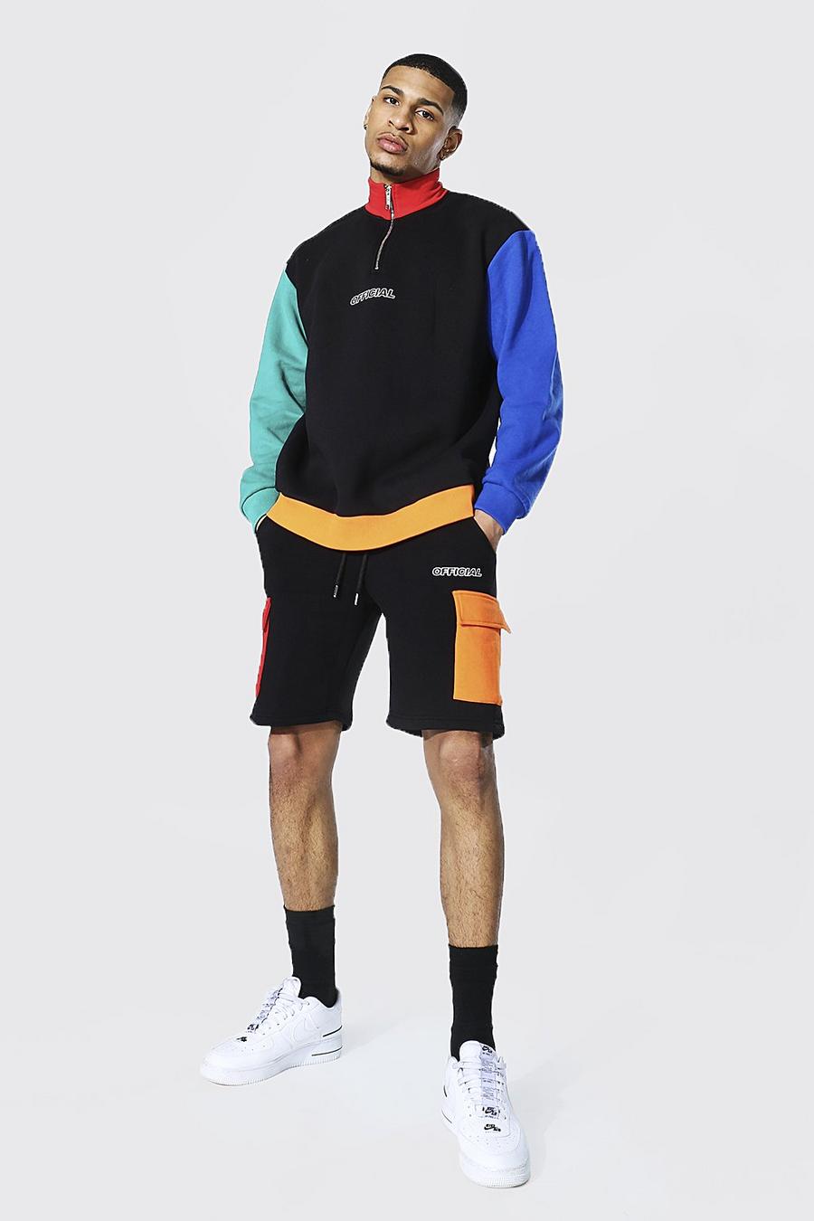 Black Oversized Colour Block Short Zip Tracksuit image number 1