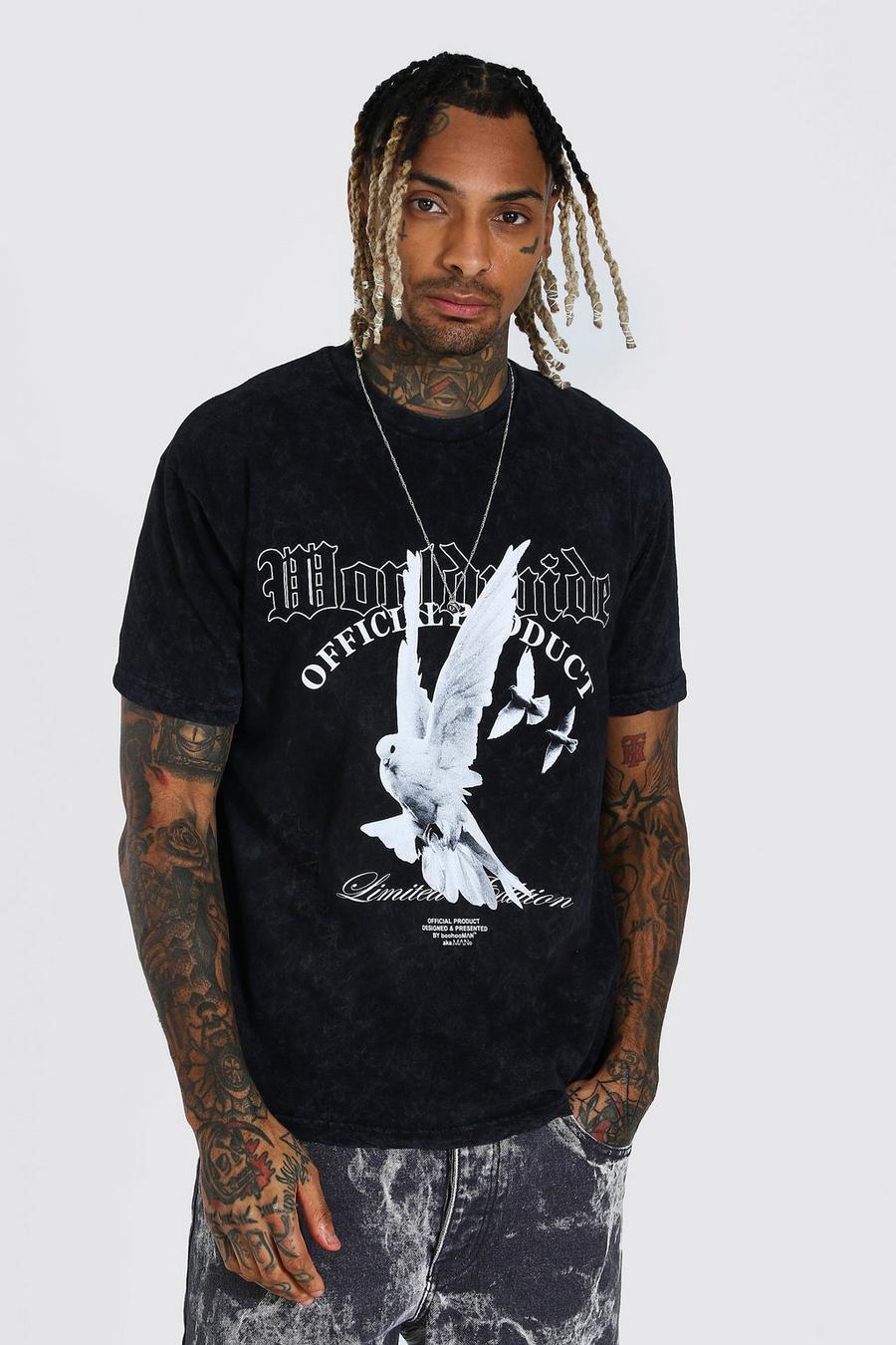 T-shirt ample délavé imprimé colombe, Charcoal image number 1