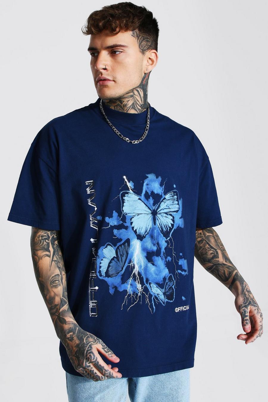 Navy Oversize t-shirt med grafiskt tryck och hög halsmudd image number 1