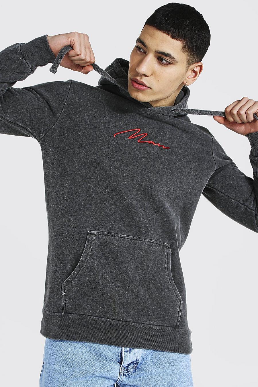 Charcoal grey Man Signature Embroidered Washed Hoodie image number 1
