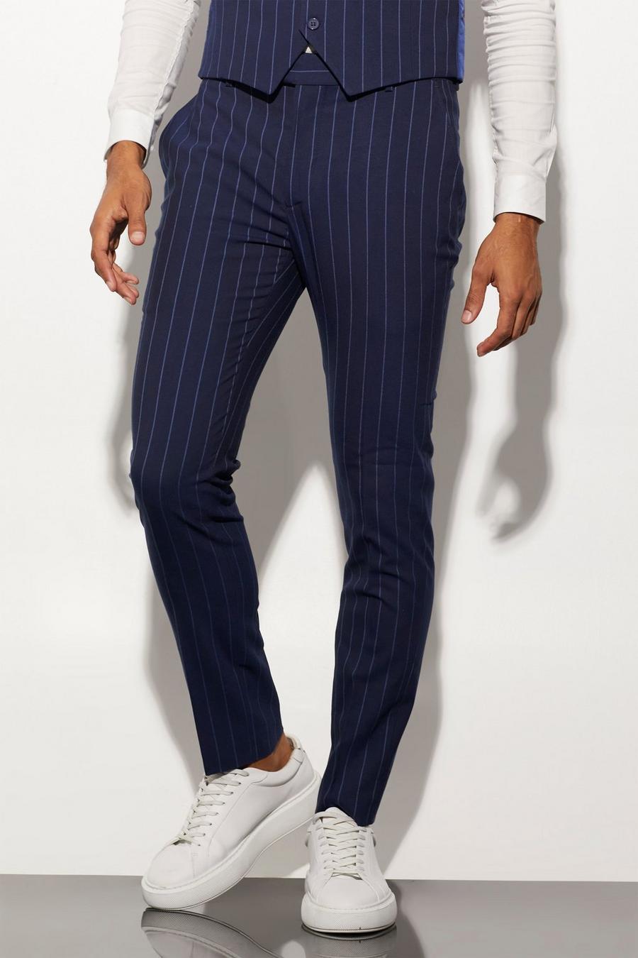 Pantaloni completo Skinny Fit blu navy a righe verticali, Blu oltremare navy