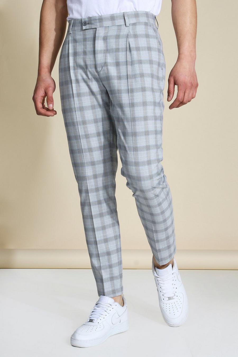 Pantaloni slim grigi a quadri con pieghe sul davanti, Grigio gris image number 1