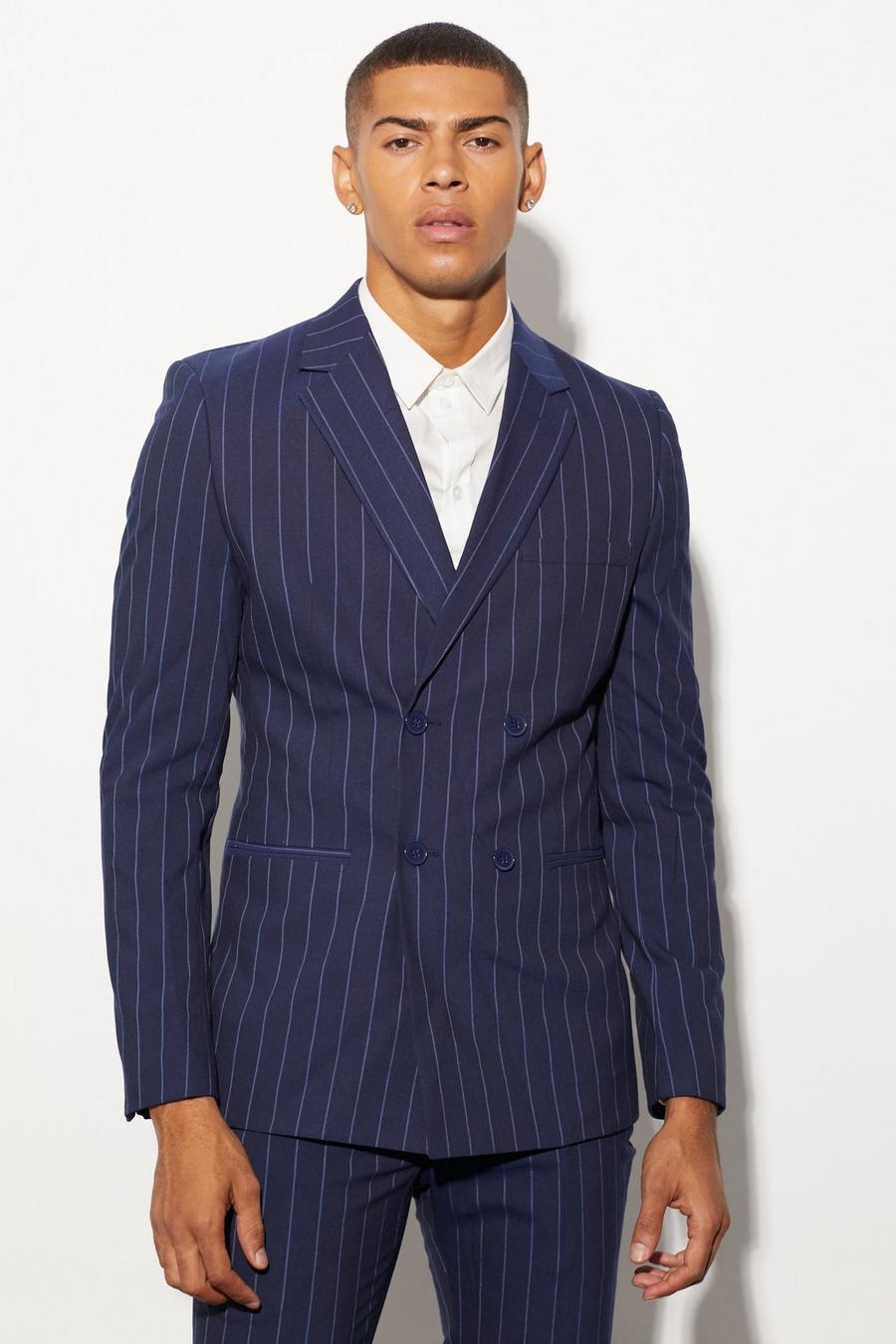 Skinny Navy Pinstripe Double Breasted Jacket image number 1