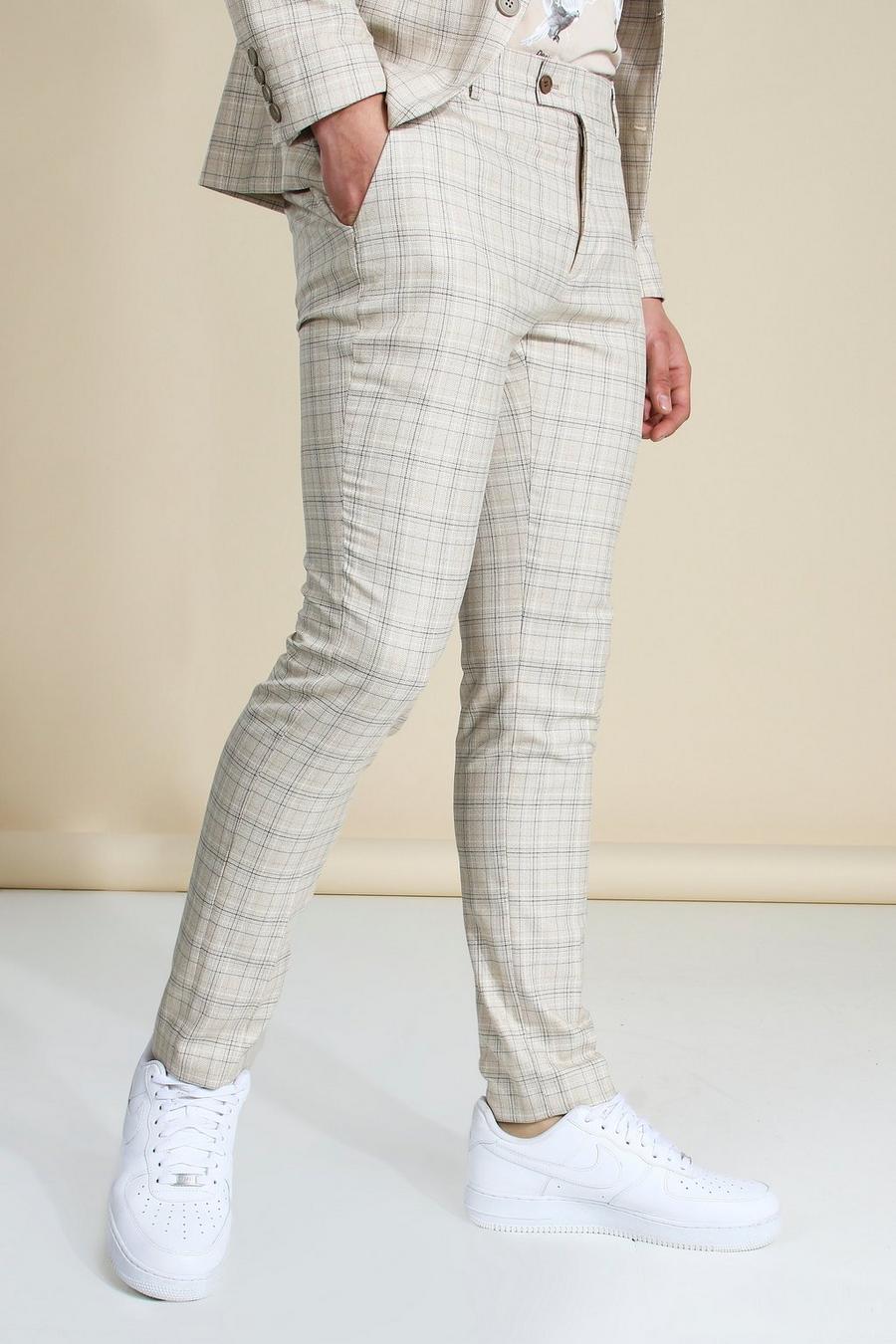 מכנסי חליפה סקיני בצבע אבן עם הדפס משבצות image number 1