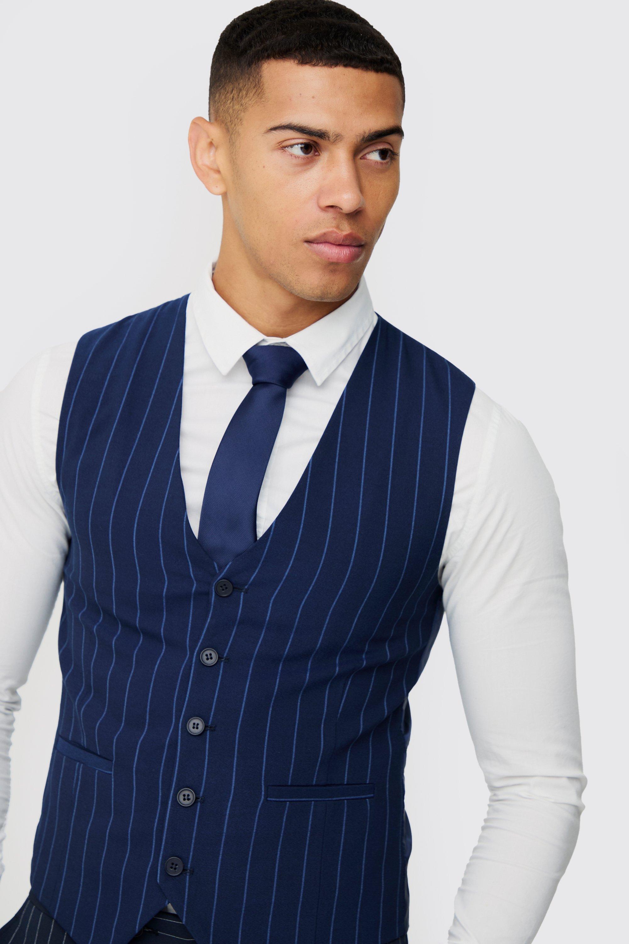 Skinny Navy Pinstripe Waistcoat boohoo