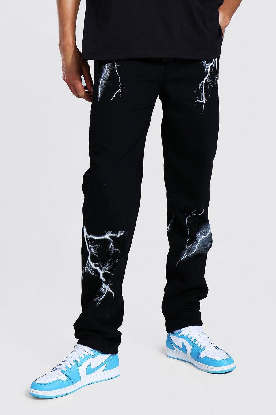 True black Tall Relaxed Fit Lightning Print Jean image number 1