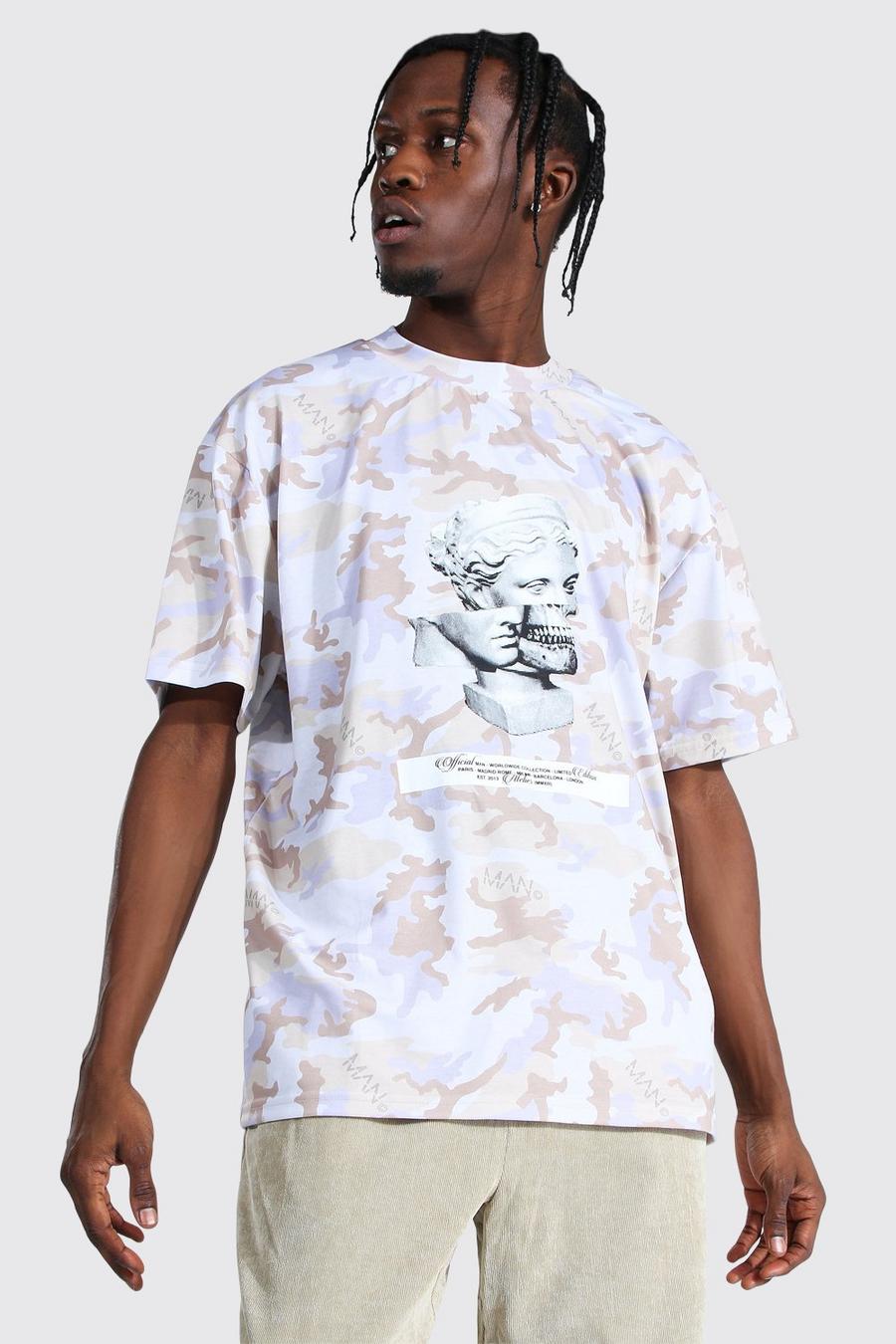 Beige Oversized Extended Neck Statue Camo T-shirt image number 1