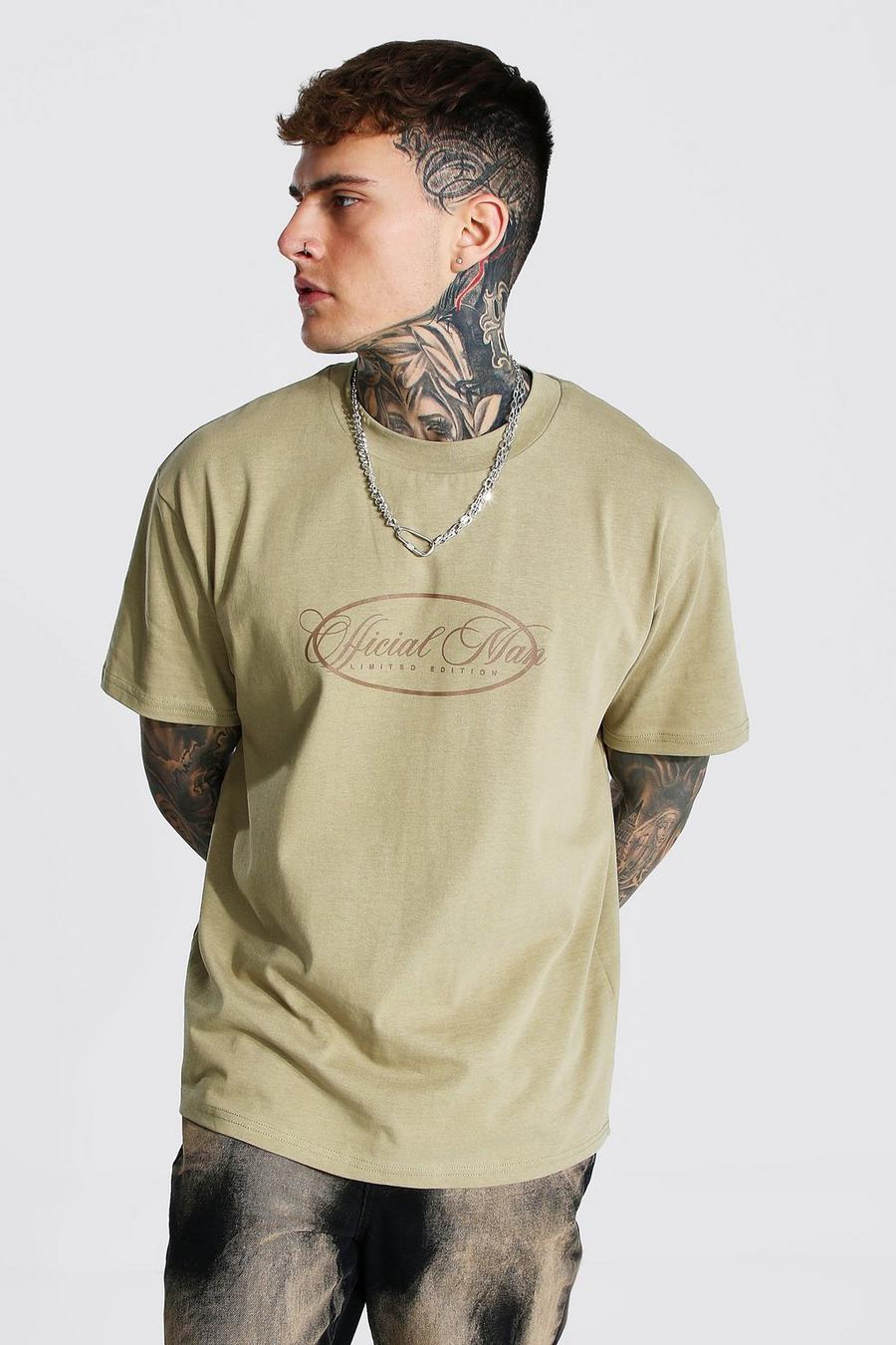 Khaki Oversize t-shirt med tryck och hög halsmudd image number 1
