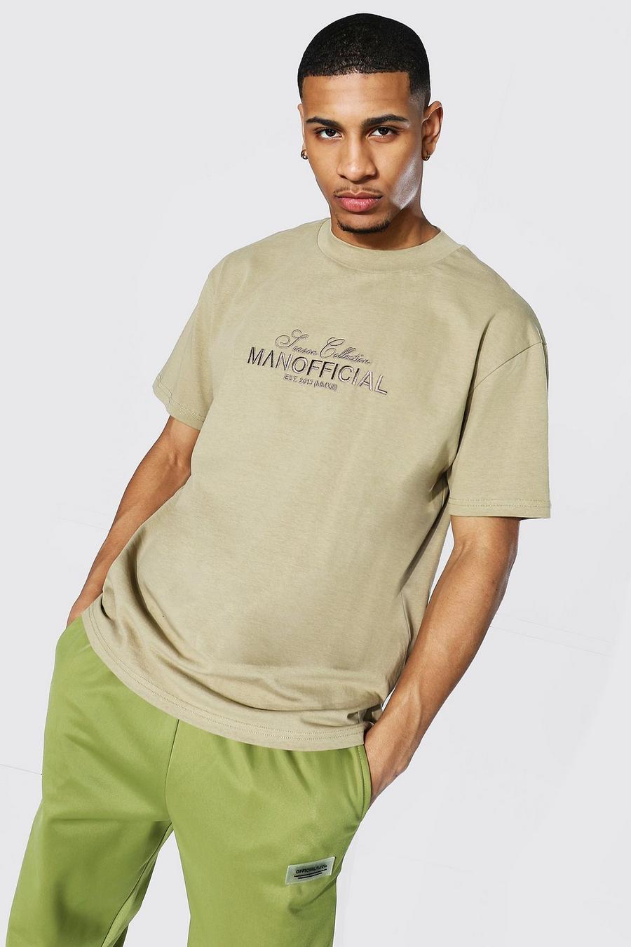 Khaki Oversized Extended Neck Embroidered T-shirt image number 1