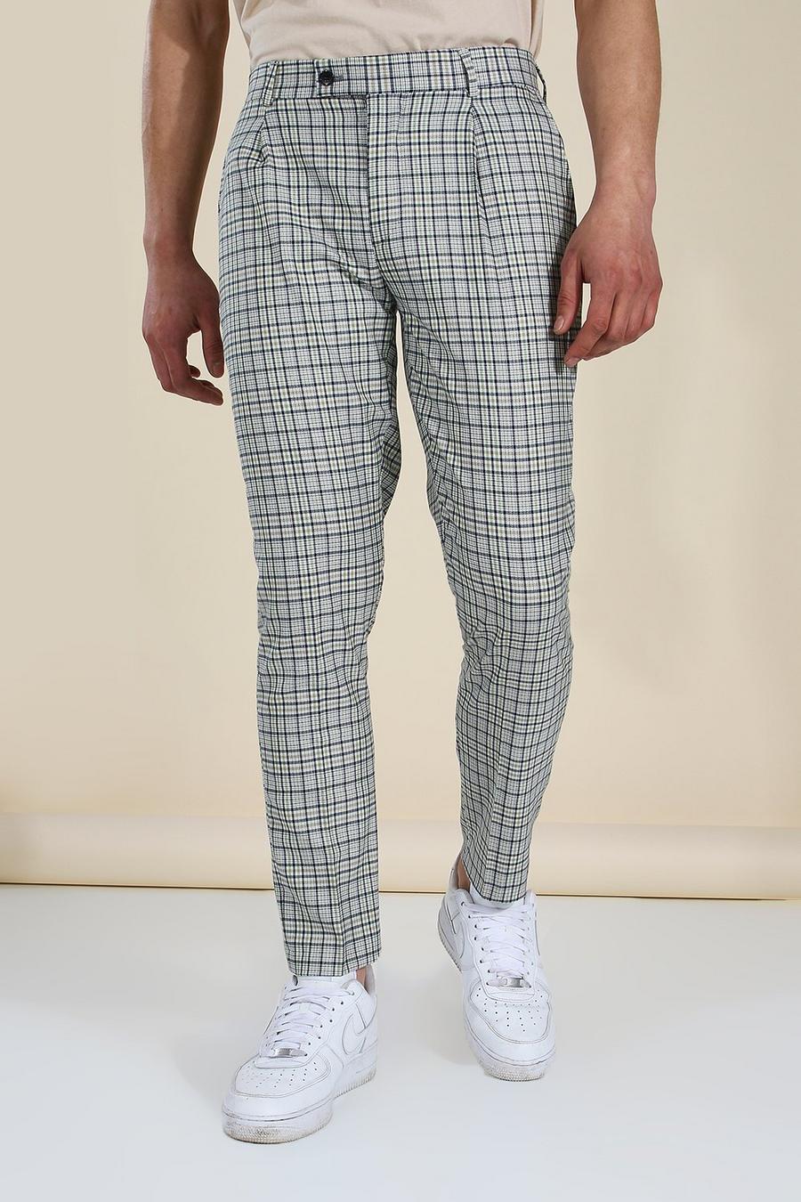Pantalones capri de cuadros ajustados plisados por delante, Beis image number 1