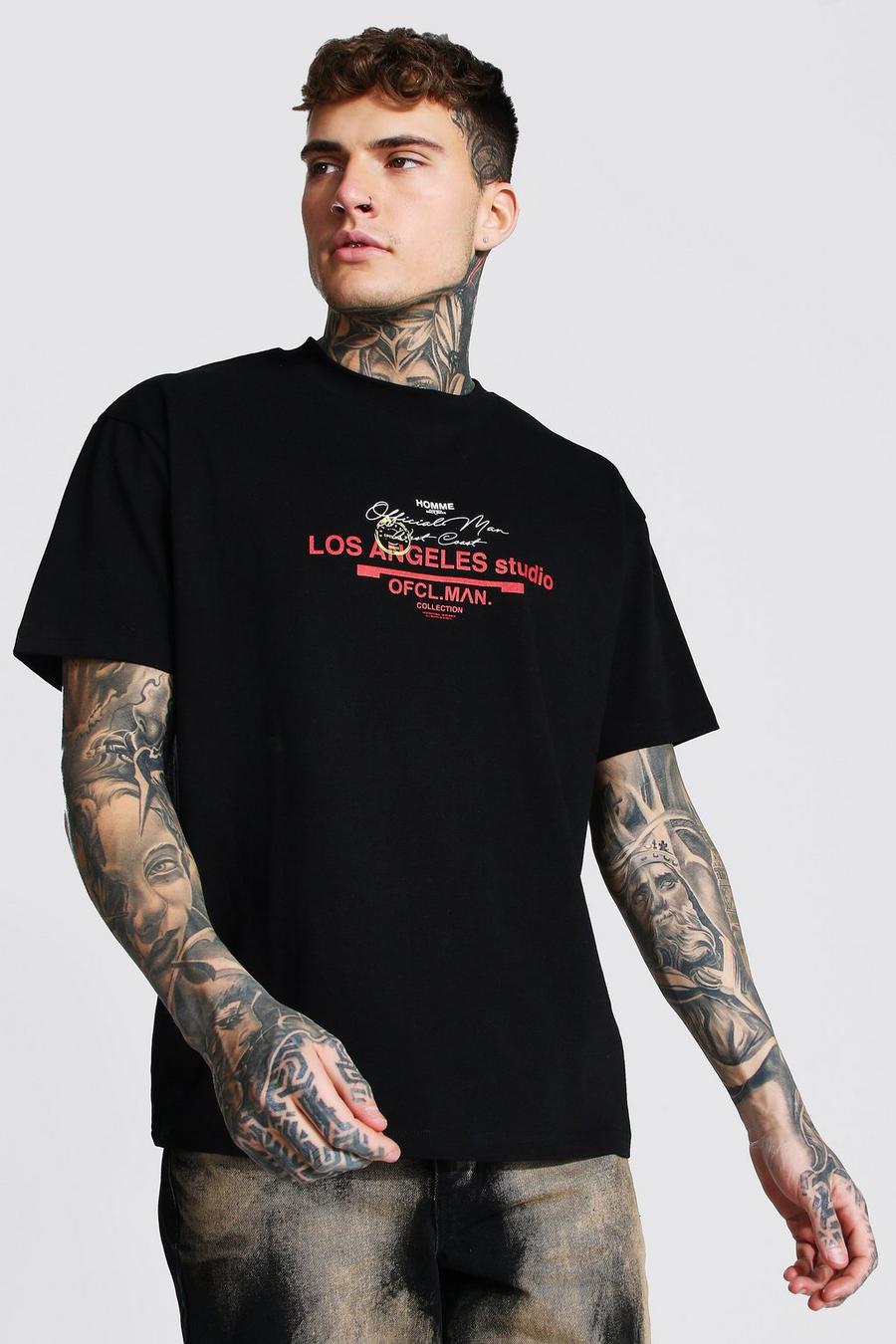 Black Oversized Extended Neck La Print T-shirt image number 1