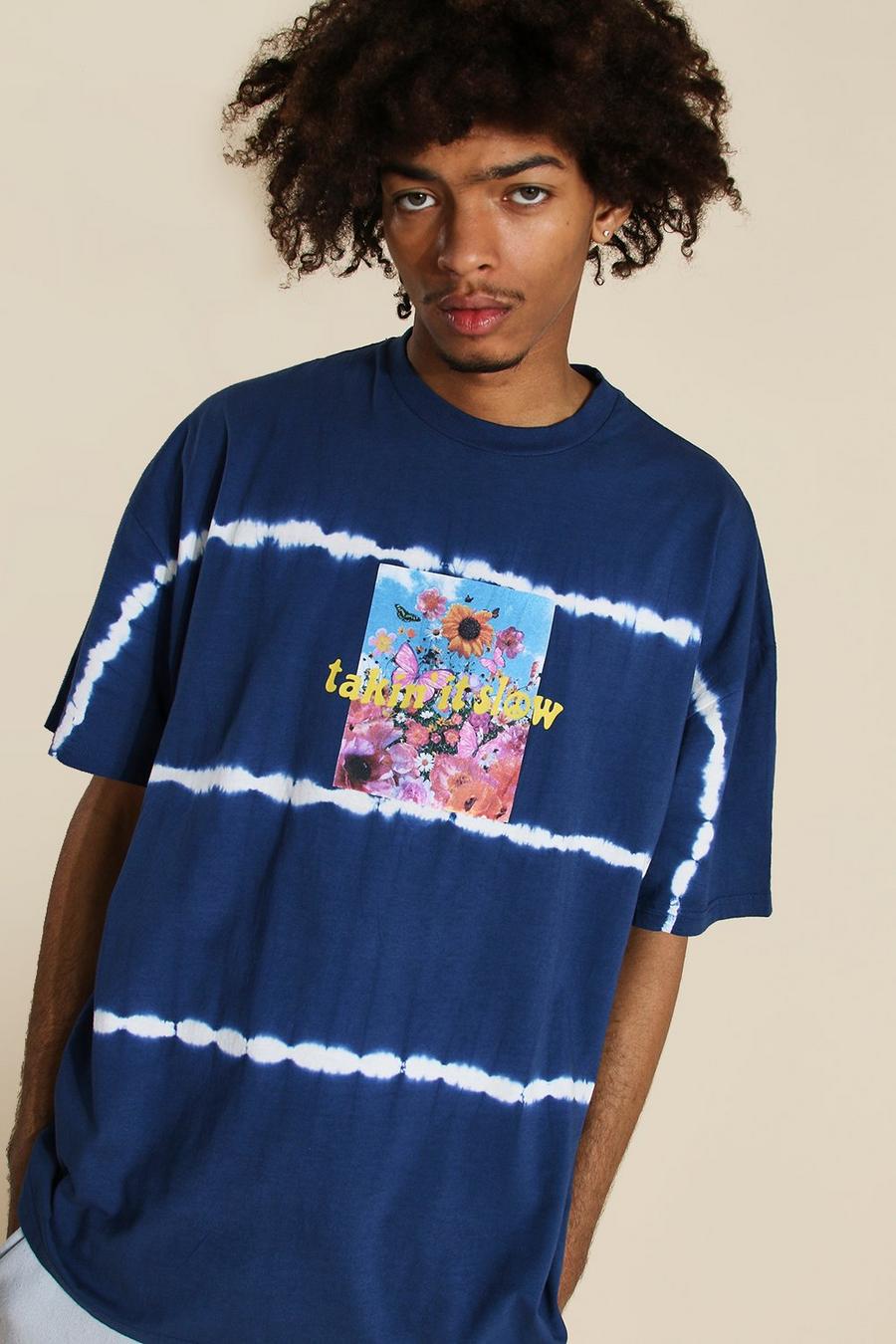 Camiseta ancha desteñida con estampado floral, Azul marino image number 1