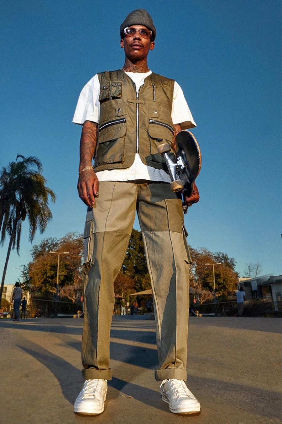 Pantalones estilo de estilo militar con parches de sarga, Caqui image number 1