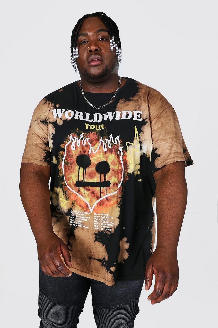 Plus Size Loose Fit T-Shirt in Batik-Optik mit Flammen-Print, Schwarz image number 1